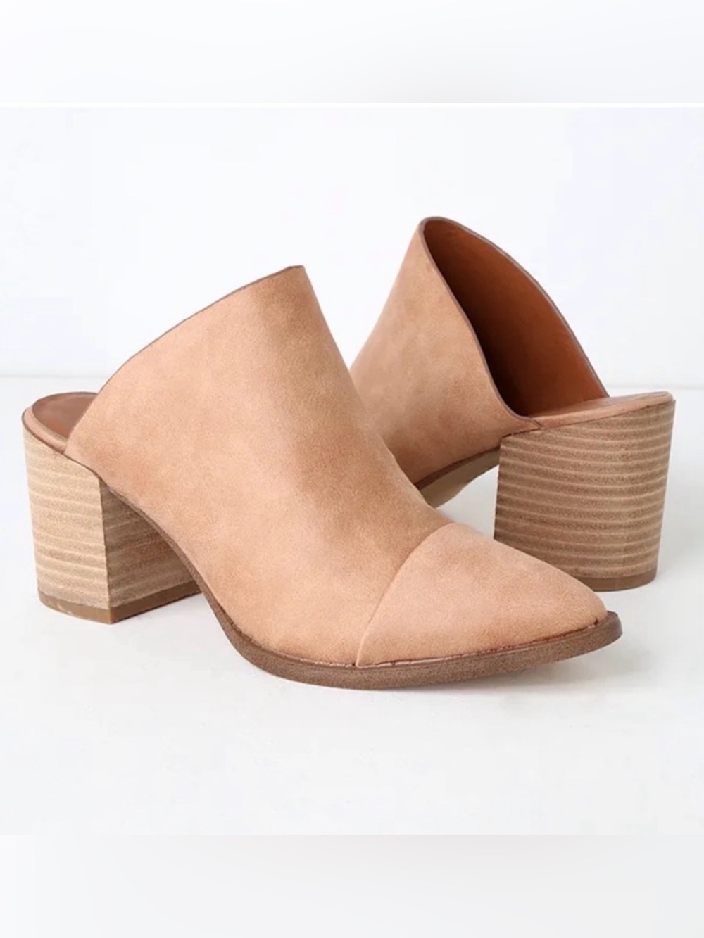 Report Tisha Tan Suede Pointed Toe Block Heel Mules